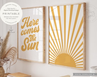 Here The Sun, PRINTABLES Set of 2, Sunrise Wall Art, Mustard Yellow 70&#39;s Retro Decor, Digital DOWNLOAD Print Jpg