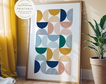 Geometric Semi Circles PRINTABLE Art, Mid Century, Mustard Navy Emerald, Digital DOWNLOAD Print Jpg