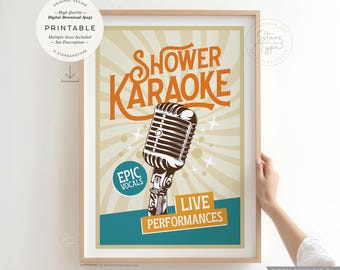 Douchekaraoke, AFDRUKBARE muurkunst, badkamer retro oranje turkoois decor, digitale DOWNLOAD print jpg