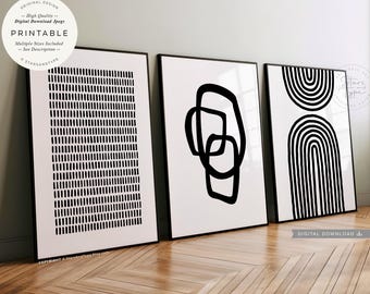 Minamalist Abstract Black and White Lines Arches, PRINTABLES Art Trio, Digital DOWNLOAD Print Jpgs