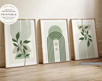 Green Gray Abstract Geometric PRINTABLES Art Set, Boho Leaves Decor, Digital DOWNLOAD Print Jpgs