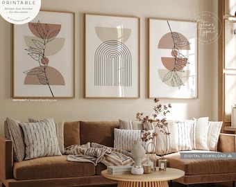 Boho Abstract Leaf Art, PRINTABLES Set of 3, Geometric Neutral Brown Beige Mid Century Living Room Decor, Digital DOWNLOAD Print Jpgs