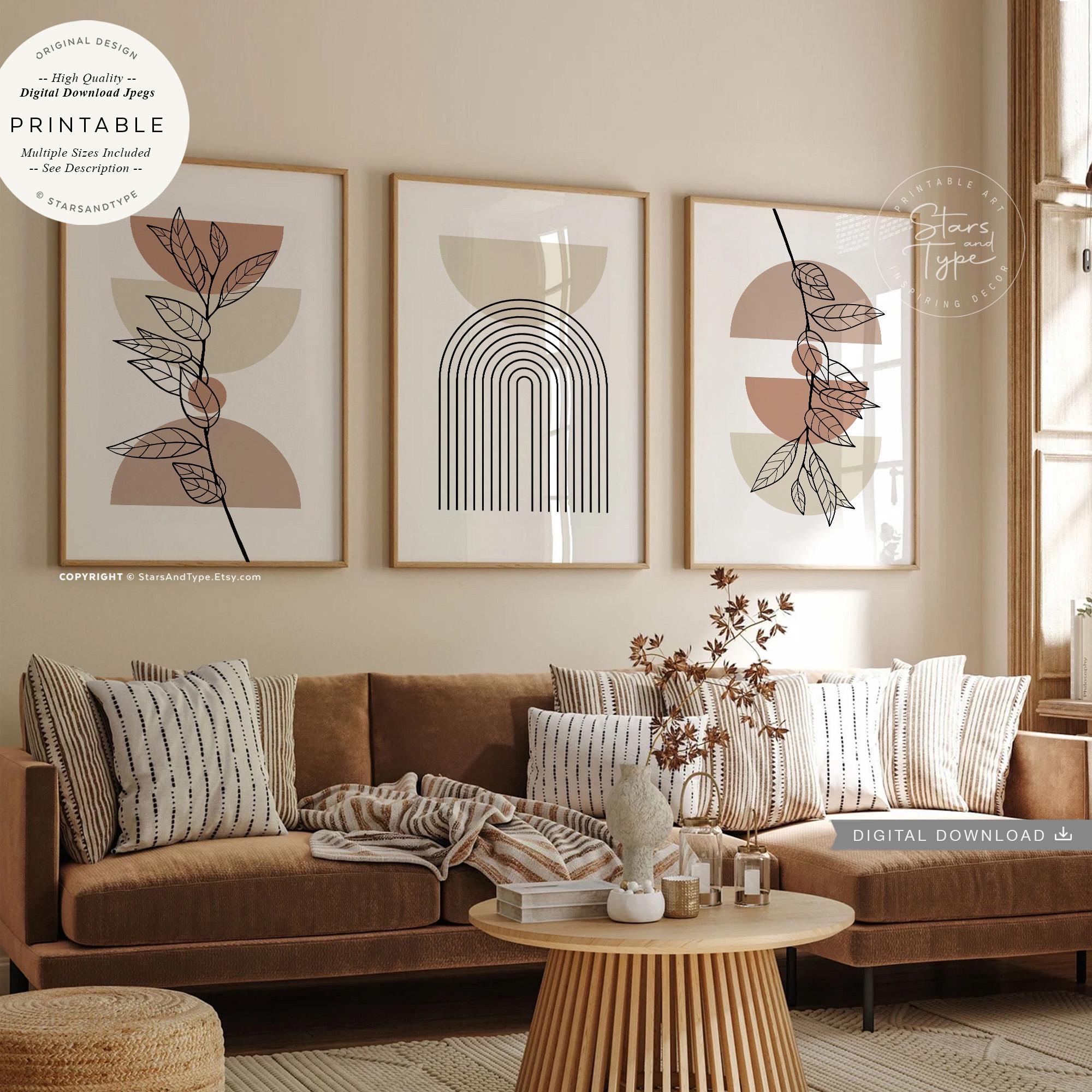 Boho Abstract Leaf Art, PRINTABLES Set of 3, Geometric Neutral Brown Beige Mid Century Living Room Decor, Digital DOWNLOAD Print Jpgs