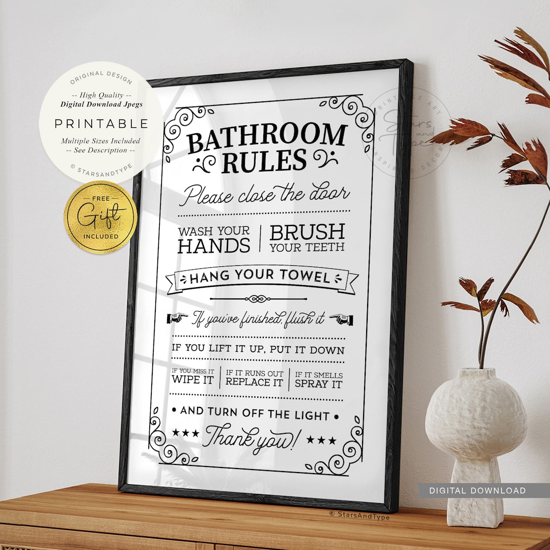 Bathroom Rules, PRINTABLE Wall Art, Fun Toilet Sign Vintage Retro Decor ...