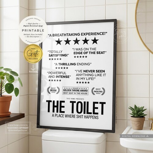 Toilet 5 Star Reviews, PRINTABLE Wall Art, Bathroom Rating Decor, Digital DOWNLOAD Print Jpg