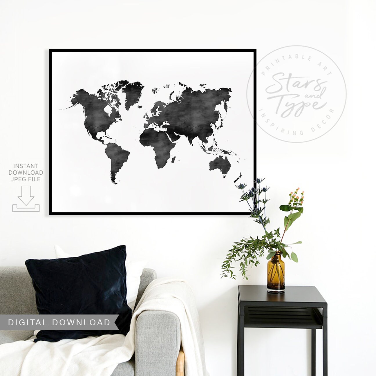World Map PRINTABLE Wall Art, Black Watercolor Effect, Travel Decor ...