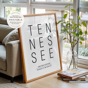 Tennessee, États-Unis d'Amérique, art imprimable, coordonnées de la carte de l'état de la ville, décoration murale typographie, téléchargement numérique impression Jpg
