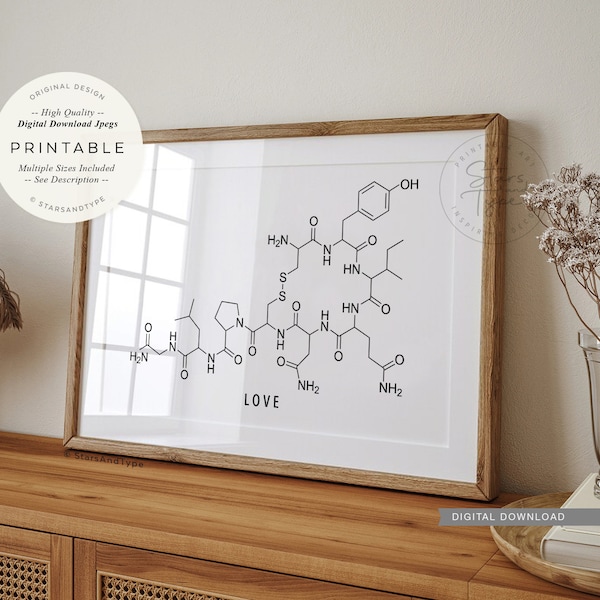 Love Molecule, PRINTABLE Wall Art, Oxytocin Molecule, Science Chemistry, Above Bed Decor, Lovers Sign Gift, Digital DOWNLOAD Print Jpegs