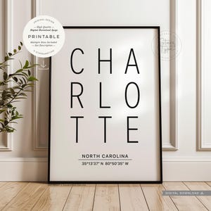 Charlotte en Caroline du Nord, États-Unis, art mural imprimable, nom de la ville et de l'état, coordonnées de la carte gps, décor typographie, téléchargement numérique impression Jpg