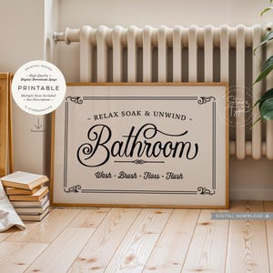 Bathroom PRINTABLE Wall Art, Vintage Farmhouse Style Sign Decor, Relax Soak Unwind, Horizontal Digital DOWNLOAD Print Jpg