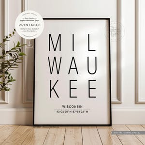 Milwaukee Wisconsin USA, DRUCKBARE Wandkunst, Stadt Name Karte Koordinaten, minimalistisches typografisches Dekor, digitaler DOWNLOAD Druck Jpegs