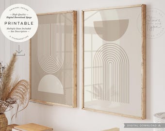 May include: Two beige framed prints with abstract geometric designs. The prints feature a half-circle and a series of arches in a light beige color.