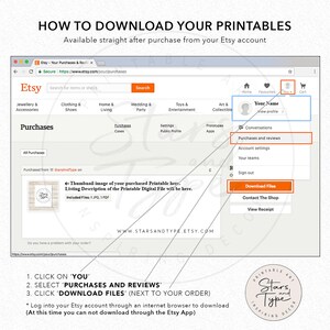 May include: Screenshot of an Etsy purchase page with instructions on how to download digital files. The steps include clicking on 'You', selecting 'Purchases and reviews', and clicking 'Download Files'. The Etsy logo and shop name are visible.