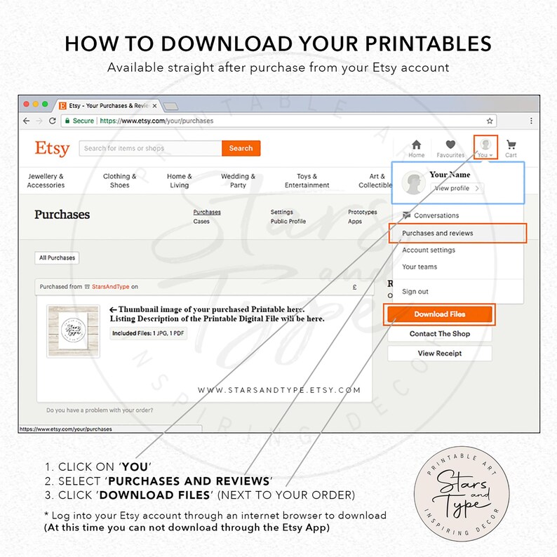 May include: Screenshot of an Etsy purchase page with instructions on how to download digital files. The steps include clicking on 'You', selecting 'Purchases and reviews', and clicking 'Download Files'. The Etsy logo and shop name are visible.