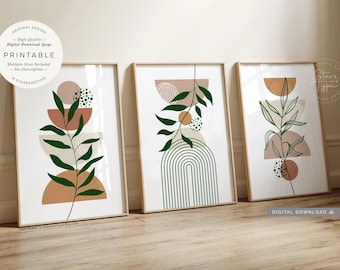 Boho abstracte bladeren geometrisch PRINTABLES trio, bruinbeige kunst, digitale DOWNLOAD Print Jpgs