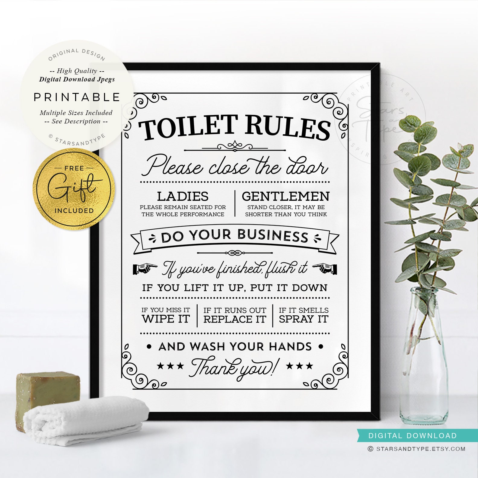 Toilet Rules, PRINTABLE Wall Art, Above Toilet Loo Sign, Fun Retro Bathroom  Decor, Digital DOWNLOAD Print Jpg 