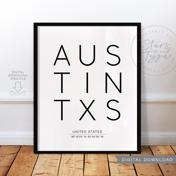 Austin Texas Usa City Map Coordinates Wall Art Printable Etsy