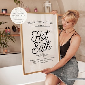 Hot Bath, PRINTABLE Wall Art, Bathroom Decor, Retro Rustic Farmhouse Style Sign, Digital DOWNLOAD Print Jpg