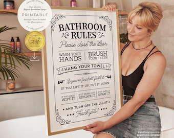 Bathroom Rules, PRINTABLE Wall Art, Fun Toilet Sign Vintage Retro Decor, Digital DOWNLOAD Print Jpg