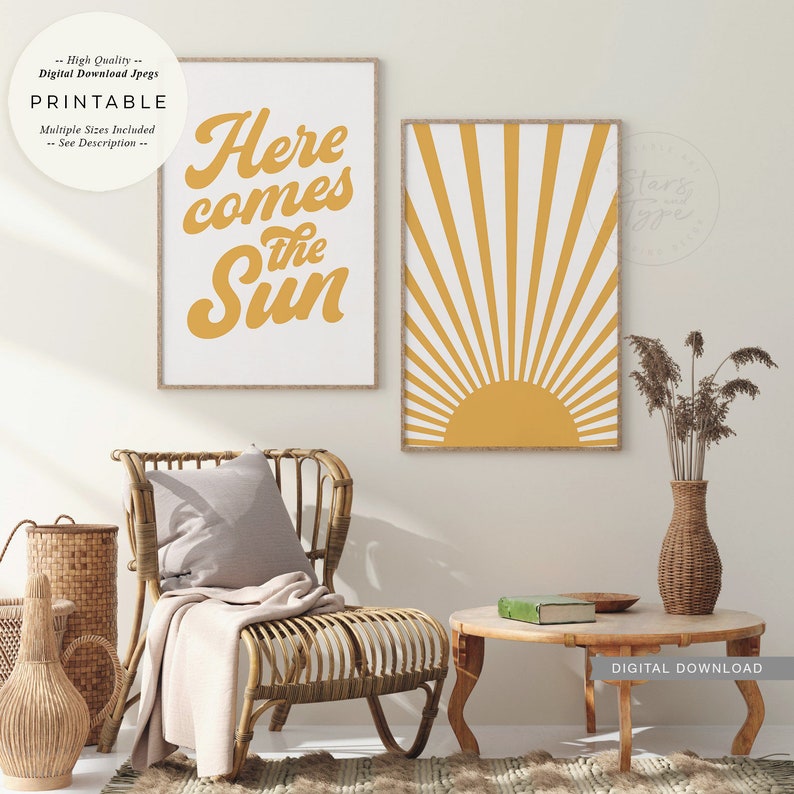 Here Comes The Sun, PRINTABLES Set of 2, Sunrise Wall Art, Mustard Yellow 70's Retro Decor, Digital DOWNLOAD Print Jpg image 7