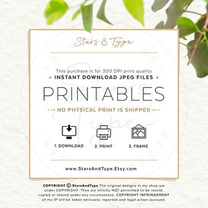 May include: A square, cream-colored printable art sign with the text "PRINTABLES" in a bold, black font. The sign includes instructions for downloading, printing, and framing. The shop name "Stars & Type" is at the top and the website address is at the bottom.