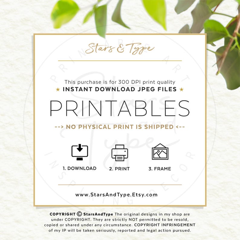 May include: A square, cream-colored printable art sign with the text "PRINTABLES" in a bold, black font. The sign includes instructions for downloading, printing, and framing. The shop name "Stars & Type" is at the top and the website address is at the bottom.
