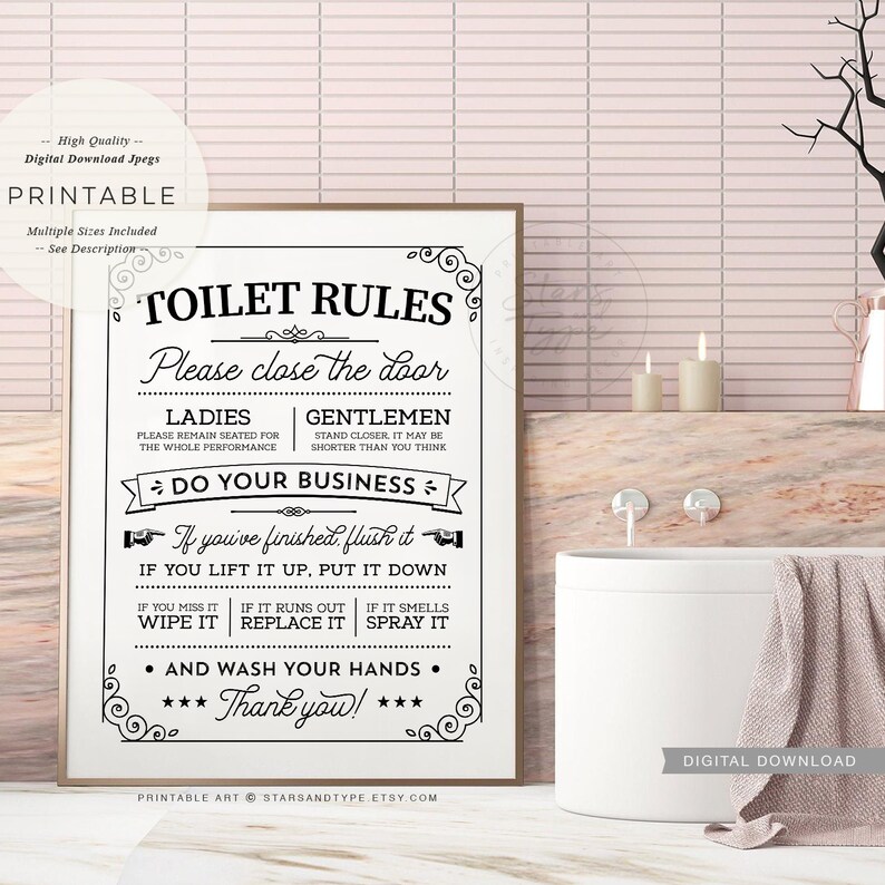 Toilet Rules PRINTABLE Wall Art Above Toilet Loo Sign Fun Etsy