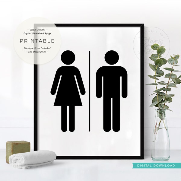 Bathroom Toliet PRINTABLE, Male Female Symbols, Washroom WC Door Sign, Digital DOWNLOAD Print Jpg