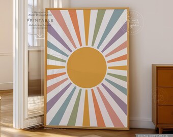 Retro zon, AFDRUKBARE muurkunst, gedempte regenboogkleuren zonnestralen decor, digitale DOWNLOAD print jpg