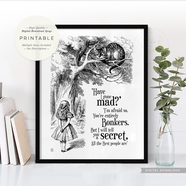 Have I Gone Mad, Alice in Wonderland, PRINTABLE Art, Mad Hatter, Cheshire Cat, Book Bonkers Quote, Digital DOWNLOAD Print Jpegs