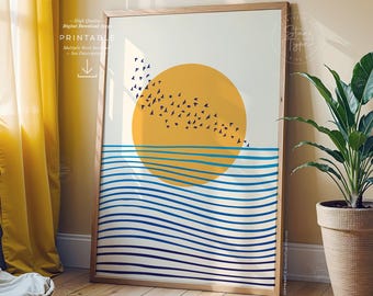 Boho Sun PRINTABLE Art, Abstract Minimalist Sunset, Geometric Mid Century Digital DOWNLOAD Print Jpg