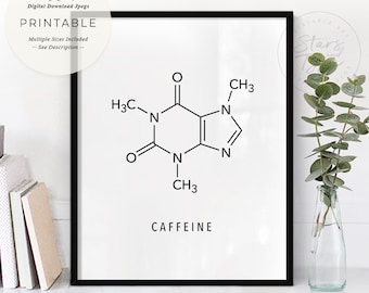 Caffeine Molecule, PRINTABLE Wall Art, Coffee Tea, Science Chemistry Coffee Lovers, Kitchen Office Dorm Decor, Digital DOWNLOAD Print Jpegs