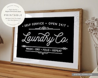Laundry Co PRINTABLE Art, Wash Dry Fold Repeat, Utility Room Decor, Vintage Style Sign, Digital DOWNLOAD Print Jpg