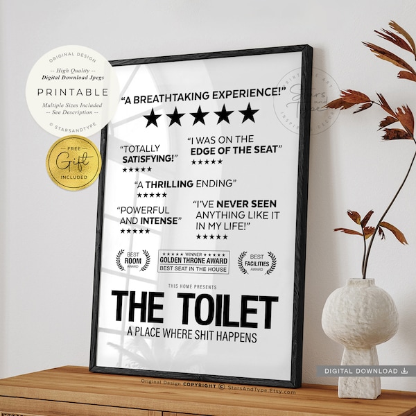 Toilet 5-sterrenrecensies, afdrukbare muurkunst, badkamerbeoordelingsteken, grappige Loo kak Humor, wasruimte Decor, digitale DOWNLOAD Print Jpg