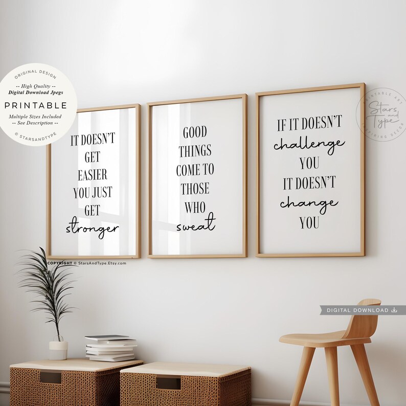 Home Gym Wall Art, PRINTABLES Set of 3, Fitness Quotes, Good Things