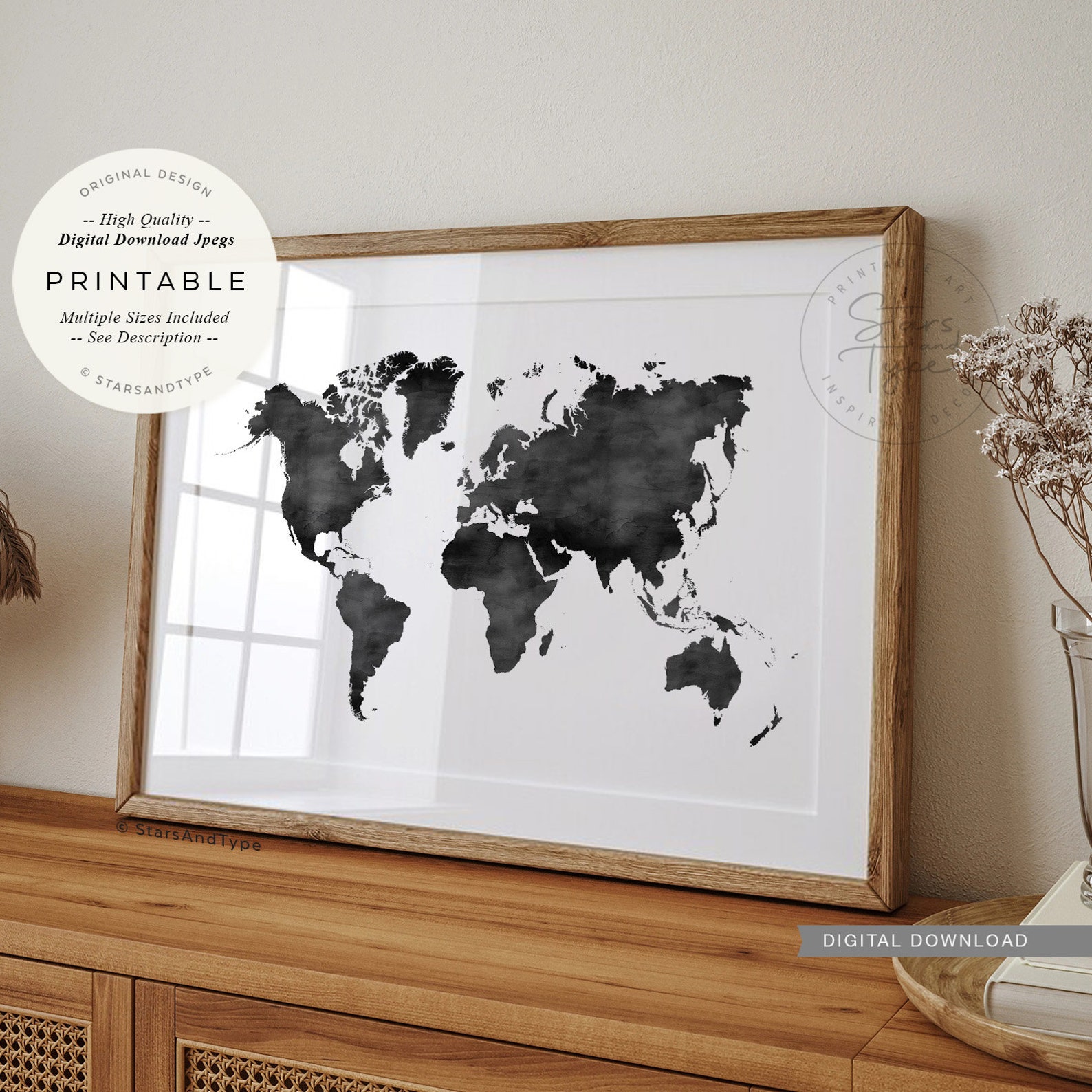 World Map PRINTABLE Wall Art, Black Watercolor Effect, Travel Decor ...