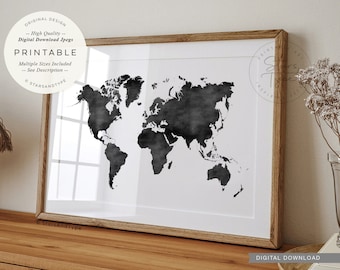 Art mural imprimable carte du monde, effet aquarelle noir, décoration de voyage, paysage horizontal, téléchargement numérique impression JPEG