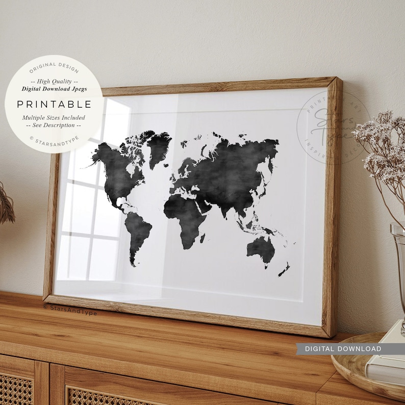 World Map PRINTABLE Wall Art, Black Watercolor Effect, Travel Decor ...