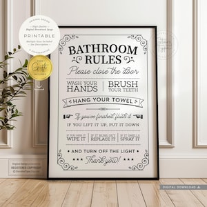 Reglas de baño, Arte mural imprimible, Decoración de baño vintage divertida, Descarga digital, Impresión Jpg