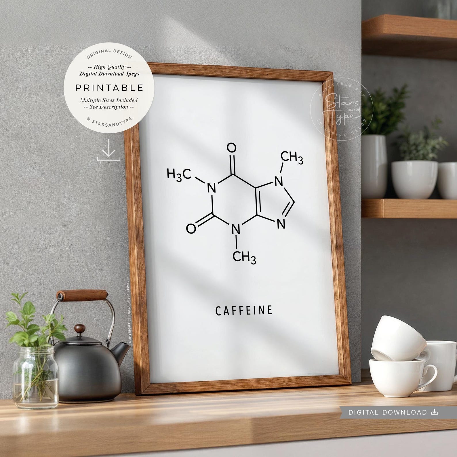 Caffeine Molecule, PRINTABLE Art, Science Chemistry Coffee Tea Lovers ...