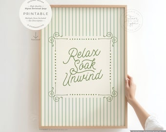 Ontspan en kom tot rust, AFDRUKBARE muurkunst, gestreepte badkamerinrichting, digitale DOWNLOAD print jpg