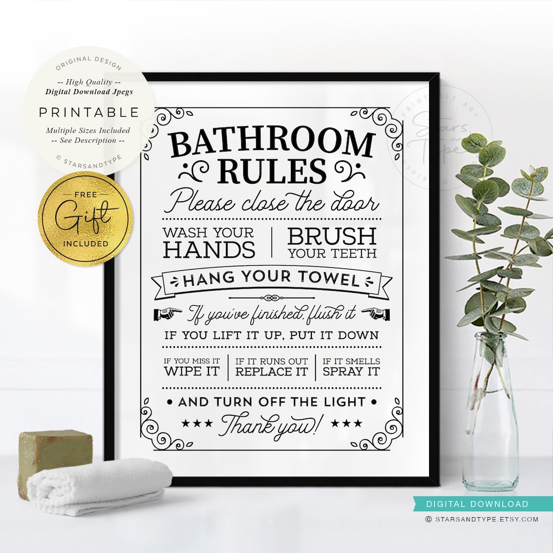 Bathroom Rules, PRINTABLE Wall Art, Fun Toilet Sign Vintage Retro Decor