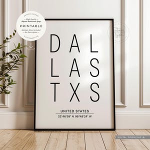 Dallas Texas USA, art mural imprimable, nom de la ville et l'état des coordonnées de la carte, décoration typographie, téléchargement numérique impression Jpg