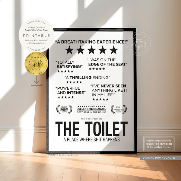 Toilet 5 Star Reviews, PRINTABLE Wall Art, Bathroom Rating Decor, Digital DOWNLOAD Print Jpg