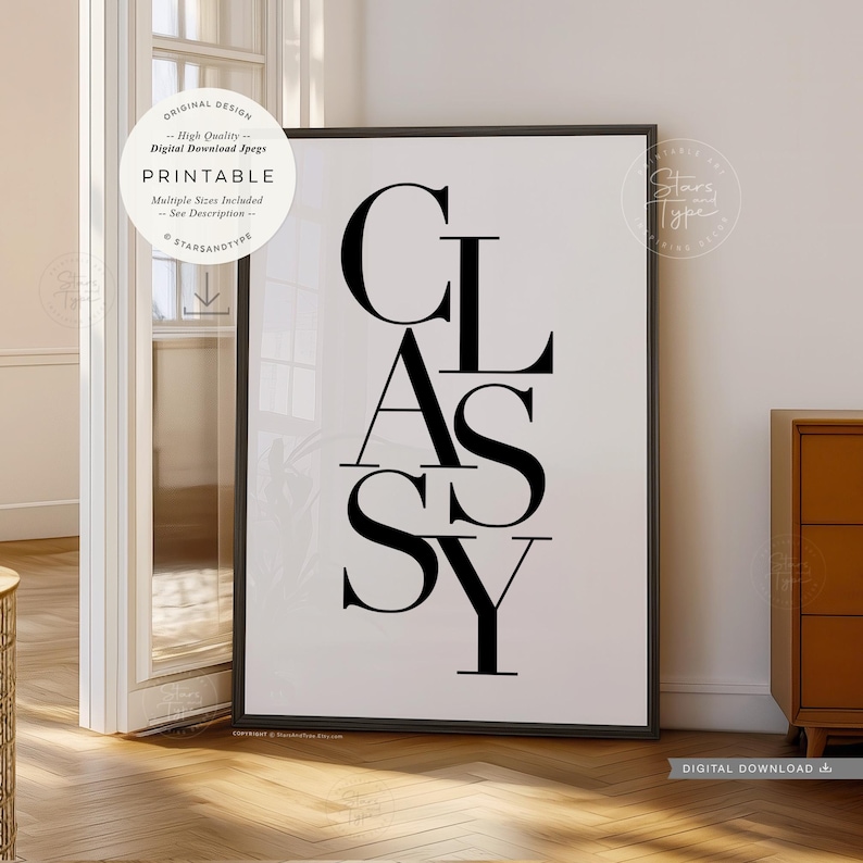 Classy Black Typography PRINTABLE Art, Word Letters Type Decor, Digital ...