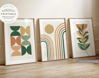 Geometric Abstract PRINTABLES Set, Boho Green Blue Orange Art, Digital DOWNLOAD Print Jpgs