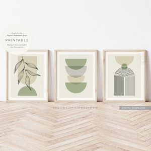 Sage Green and Beige PRINTABLE Wall Art Set of 3, Boho Plant Leaves ...
