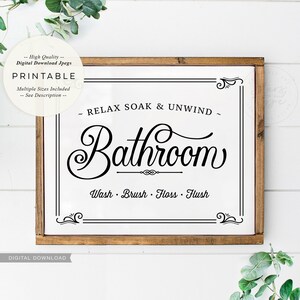 Bathroom PRINTABLE Wall Art, Vintage Farmhouse Style Sign Decor, Relax ...