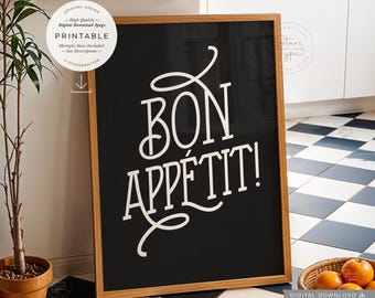 Bon Appetit, PRINTABLE Wall Art, French Pharase Kitchen Decor, Digital DOWNLOAD Print Jpg
