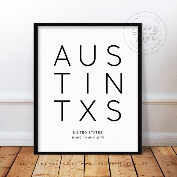 Austin Texas City Map Coordinates Typography Wall Art Etsy